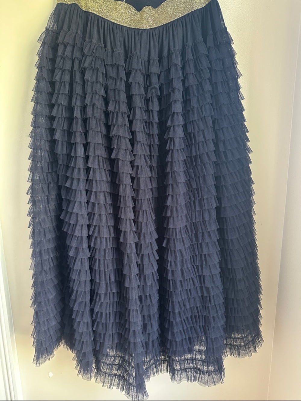NWT - BODEN - Women's Navy Tiered Ruffle Skirt with Metallic Waistband - Sz 10 - Picture 6 of 10